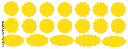 Set of yellow star burst shape tags for price. Circle sticker. Wavy edge promo badges. Blank sale stickers collection. Star vector icons.