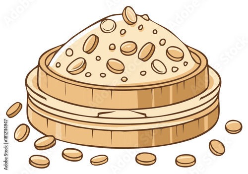 Pile of peanut powder with scattered peanut pieces in a wooden container