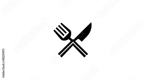 Black Crossed Fork and Knife Icon on White Background - Dining, Restaurant, Food Service, Cutlery Symbol