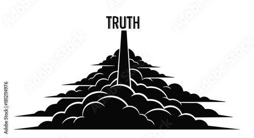 Reaching for truth through layered clouds, a symbolic ascent towards clarity.