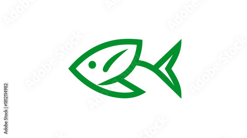Green minimalist fish icon with leaf, symbolizing eco-friendly design, sustainable seafood, organic food, and nature conservation.