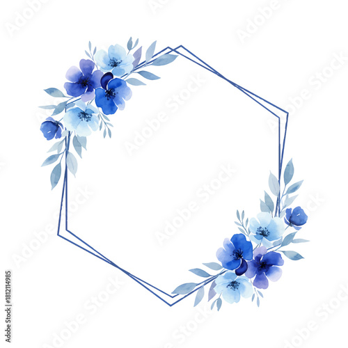 Watercolor Elegant Blue Floral Frame With Geometric Border For Invitations And Cards