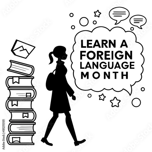 Learn a Foreign Language Month Vector Illustration, Globe with Language Speech Bubbles, Books, and Educational Icons Isolated on White Background