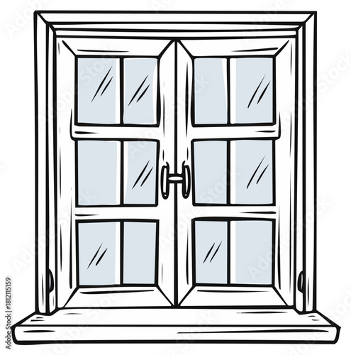 Open French Doors with Glass Panes and Window Sill, Simple Sketch Style