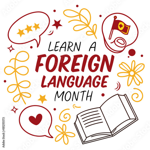 Learn a Foreign Language Month Vector Illustration, Globe with Language Speech Bubbles, Books, and Educational Icons Isolated on White Background
