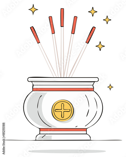 Vector Illustration of Incense Sticks in a Pot with Star Decorations Asian Religious Symbolism