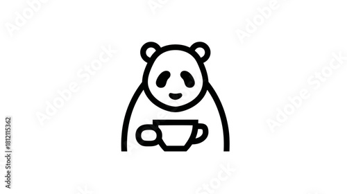 Cute minimalist line art panda icon holding a cup. Simple black and white illustration of an animal enjoying a beverage.