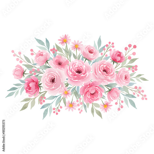 Watercolor Delicate Pink Rose and Daisy Bouquet Arrangement Illustration