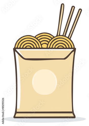 Cartoon illustration of take-out noodles in a box with chopsticks, takeaway food concept.