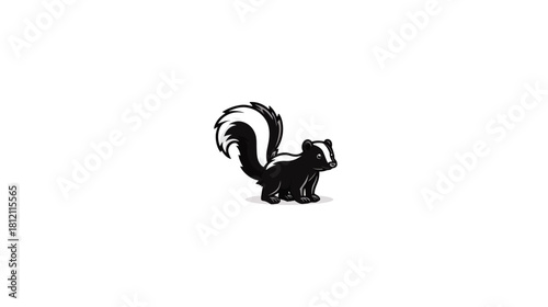 Cute cartoon skunk illustration. Black and white striped wild animal character, isolated on a clean white background.