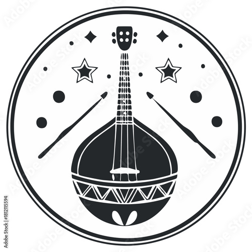 Bouzouki Instrument Emblem with Drumsticks and Stars in Circle Design