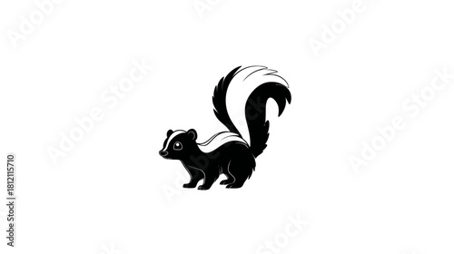 Cute cartoon skunk illustration with black and white fur, standing on a white background, North American wildlife animal.
