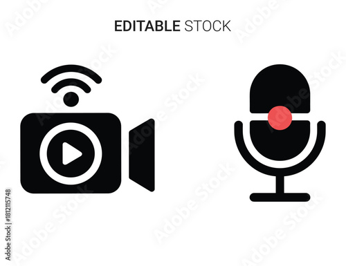 Live stream video camera and microphone recording icons for broadcasting media content design