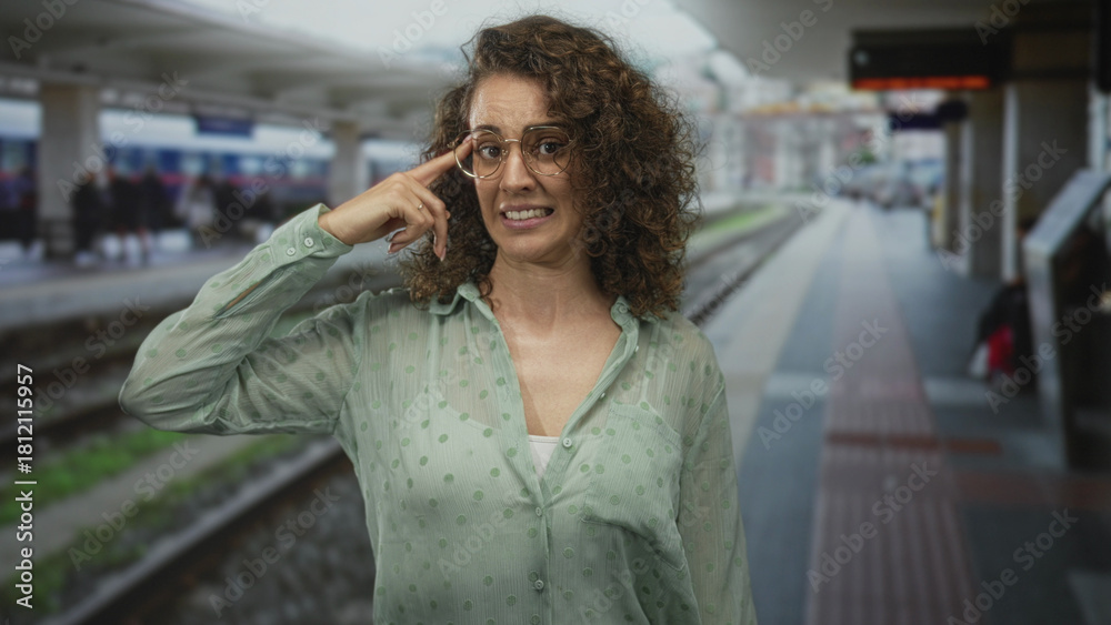 Fototapeta premium Woman points finger to head at train station platform while wearing glasses and sheer green blouse, railway tracks visible; curiosity.
