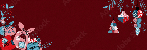 Festive patchwork Christmas background with eco-friendly fabric-wrapped gifts, hanging ornaments, winter foliage on a rich red backdrop, creating a cozy sustainable holiday design with copy space.