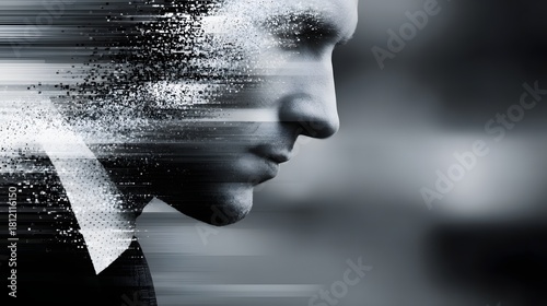 Abstract silhouette of a man s profile with glitchy digital distortions and streaks of light silhouette