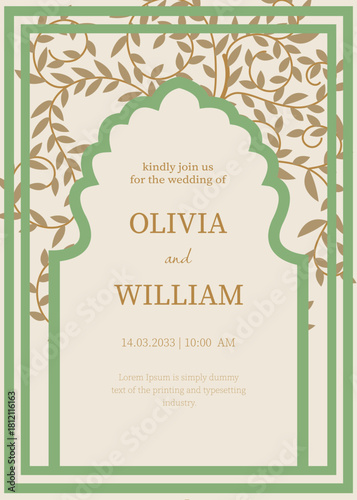 Indian style wedding invite featuring an ornate Mughal arch with green borders and botanical accents. Elegant layout inspired by cultural aesthetics and refined festive elements