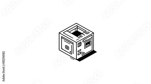 Minimalist isometric line art illustration of a technology cube module, digital device, or server icon on a white background.