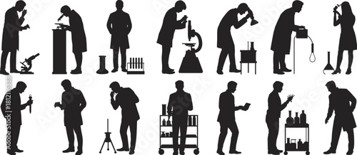 Science silhouette figures, lab activity, research poses, microscope work, chemical testing, laboratory equipment, scientific analysis, experiment process