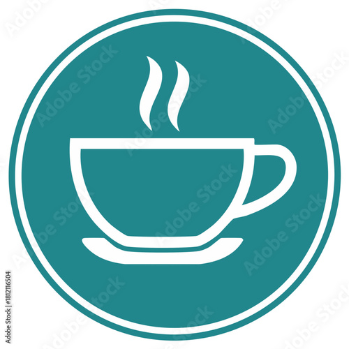 Stylized icon of a steaming coffee cup on a saucer within a teal circle
