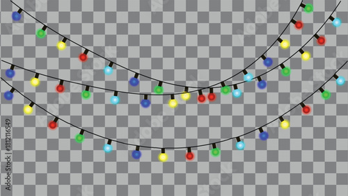 Festive christmas lights garland set with colorful bulbs on transparent background for holiday decorations and celebrations