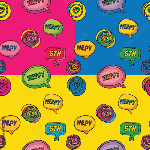 Colorful comic speech bubbles and spiral candy icons pattern.