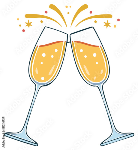 Two champagne flutes clinking together in a festive toast with golden sparkles and effervescent bubbles