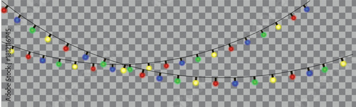 Festive multicolored string lights on transparent background for celebrations and holiday decorations with realistic light bulbs