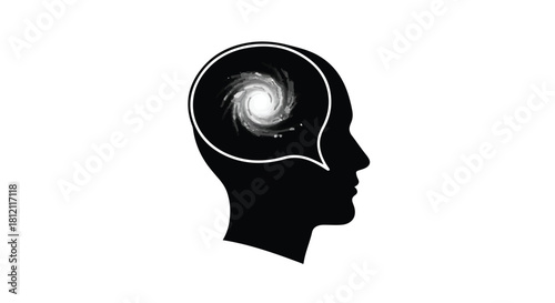 Silhouette of a human head containing a swirling vortex of cosmic energy, representing thought or imagination.