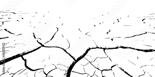 High-contrast cracked dry earth texture with deep fractures and parched soil pattern. Abstract black-and-white drought ground design ideal for backgrounds, climate change concepts, and environmental t