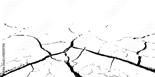 High-contrast cracked dry earth texture with deep fractures and parched soil pattern. Abstract black-and-white drought ground design ideal for backgrounds, climate change concepts, and environmental t