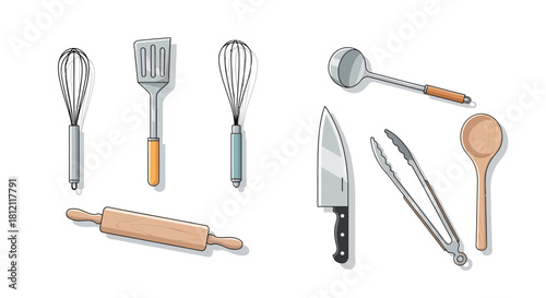 A versatile collection of essential kitchen utensils for cooking and baking, featuring a whisk, spatula, knife, and rolling pin, isolated on a white background