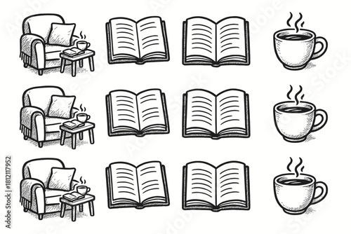 Icon pages icons setup tea vector cozy reading handdrawn open cup