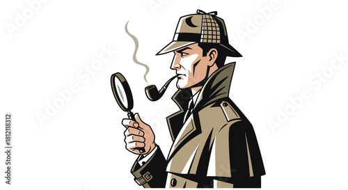 Mysterious Detective Character with Magnifying Glass and Smoking Pipe Illustration