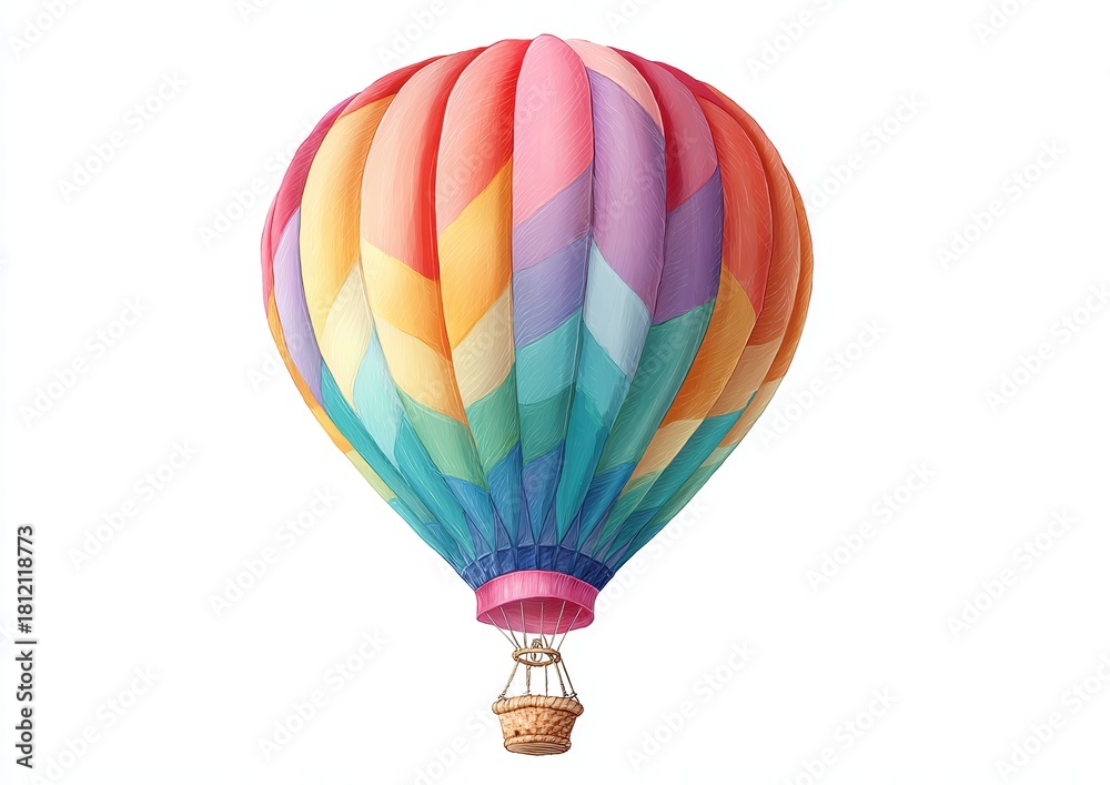 Fototapeta premium Colorful hot air balloon with woven basket on white background