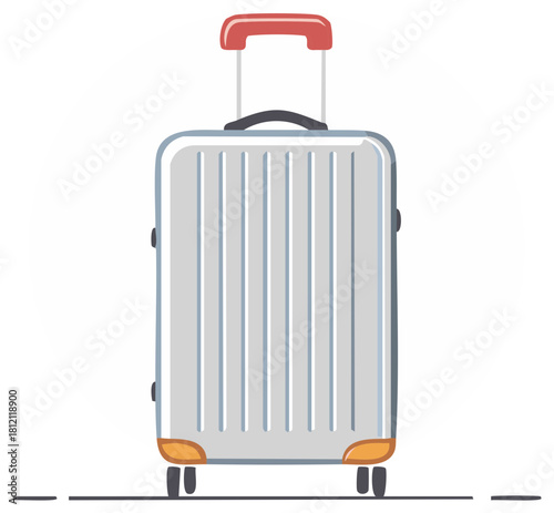 Silver hard shell rolling suitcase with a red handle vector illustration