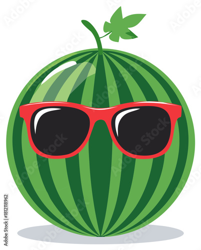 Watermelon wearing red sunglasses with a leaf stem, symbolizing summer fun and coolness