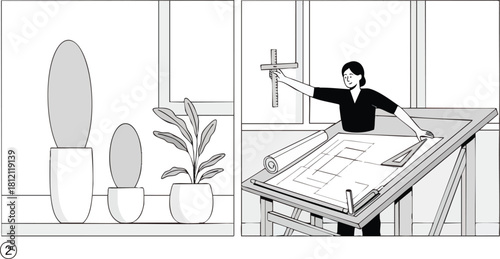 Architectural designer working on blueprints with drafting tools.