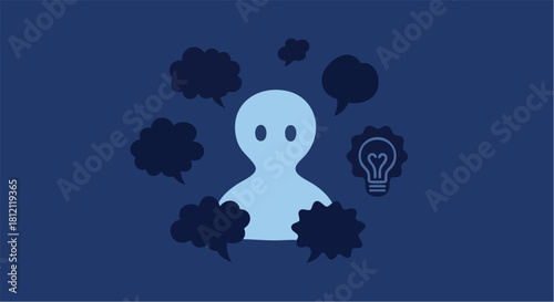 Person surrounded by thoughts and ideas creative thinking concept.