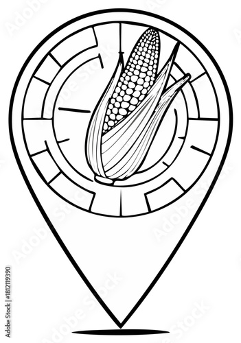 Corn cob graphic design inside of a location pin symbol outline