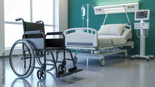 A black wheelchair sits in front of a hospital bed with medical equipment in a clean room