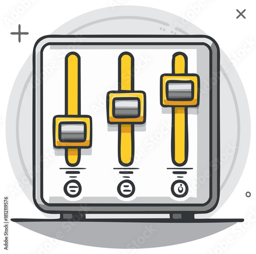 Stylized drawing of three audio mixer sliders with yellow controls and gray casing