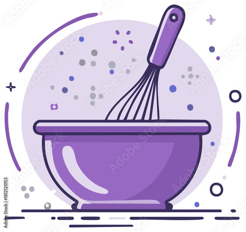 Cartoon illustration of bowl and whisk preparing ingredients