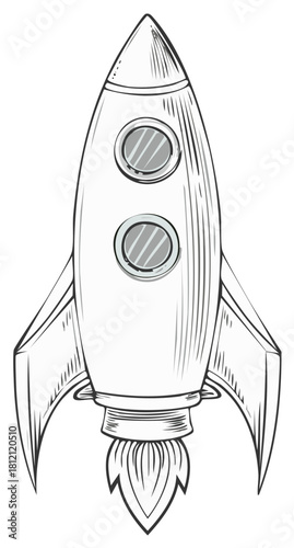 Hand-drawn retro rocket ship illustration with fins, porthole windows, and exhaust flames