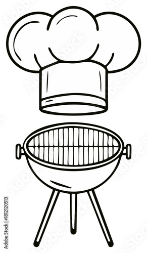 Chef hat and barbecue grill outline culinary symbols for cooking and outdoor dining