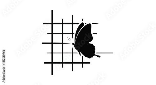 Elegant butterfly silhouette emerging from a stark grid structure, symbolizing freedom and escape.