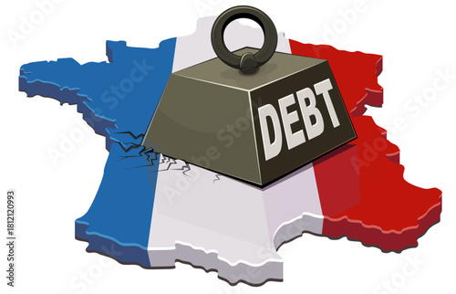 France map (flag colors) being crushed by a heavy weight labeled "DEBT". Concept for financial crisis or government debt burden in Europe. (cut out)