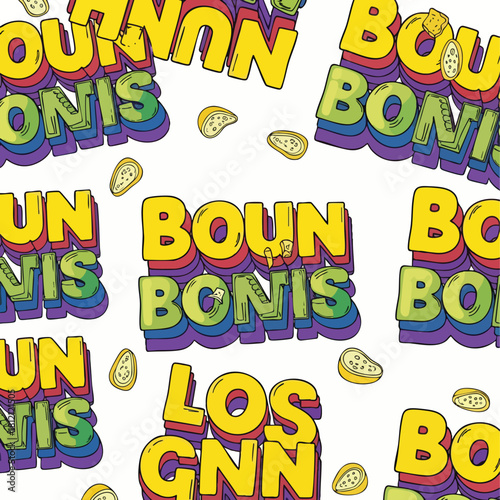 Colorful layered three dimensional cartoon text logo.