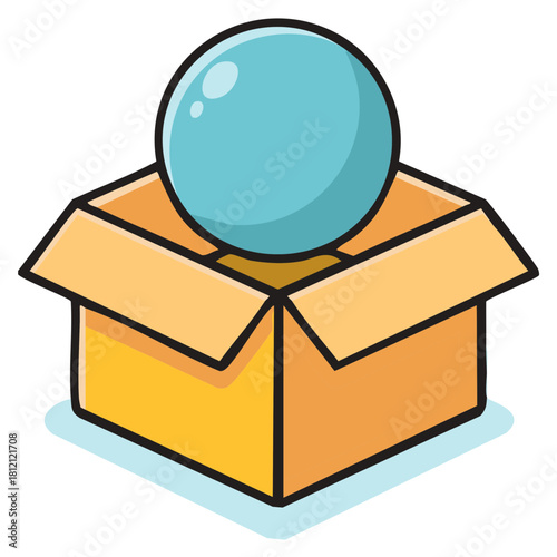 Simple cartoon illustration of a shiny blue sphere emerging from an open cardboard box