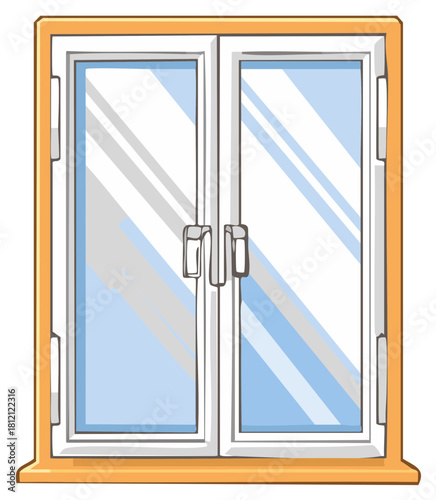 Illustration of a double-paned glass window with handles and an orange frame in simple cartoon style